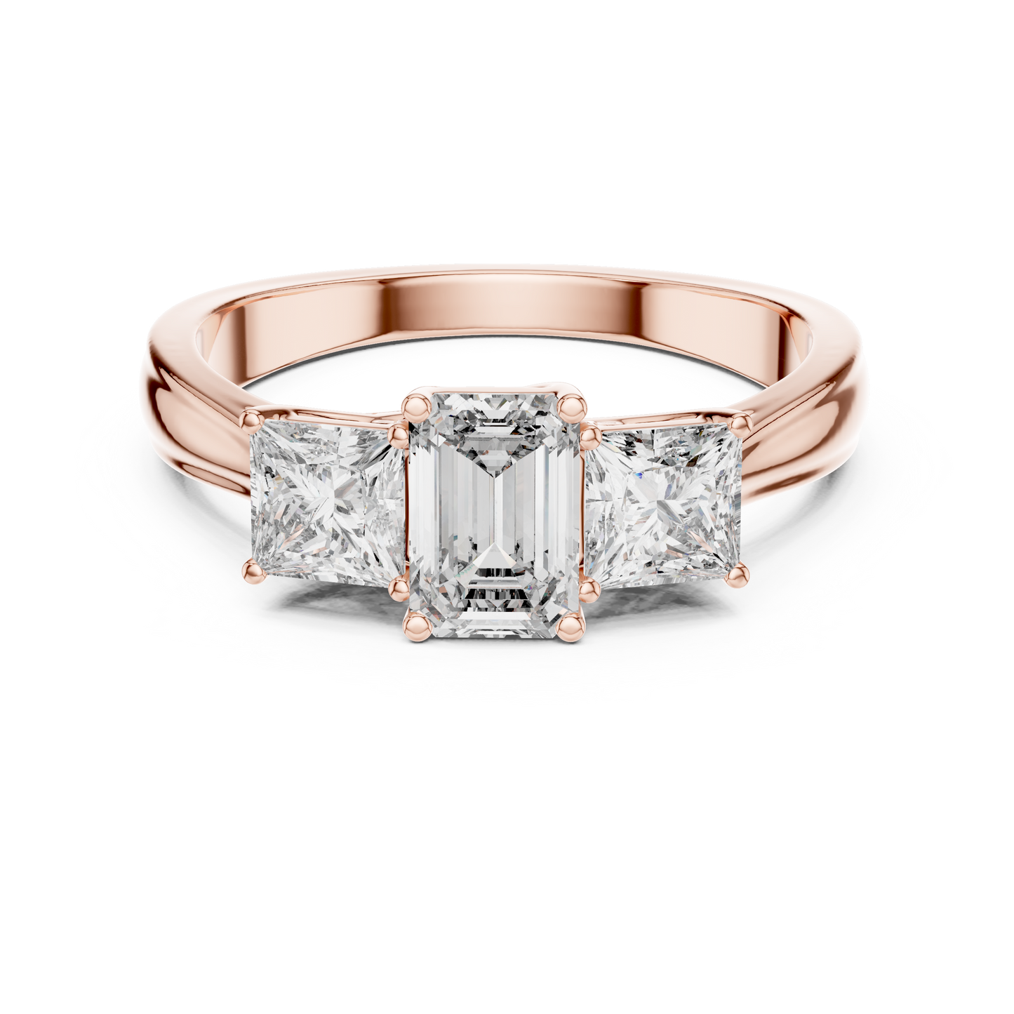 Three Stone Emerald Cut Diamond Ring with Princess Side Stones in 14K Yellow Gold