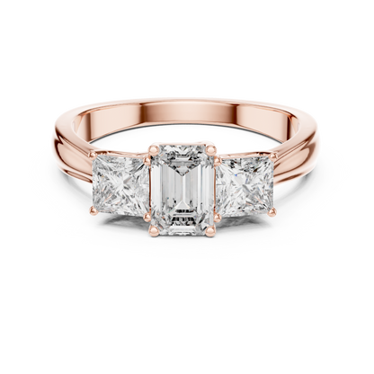 Three Stone Emerald Cut Diamond Ring with Princess Side Stones in 14K Yellow Gold