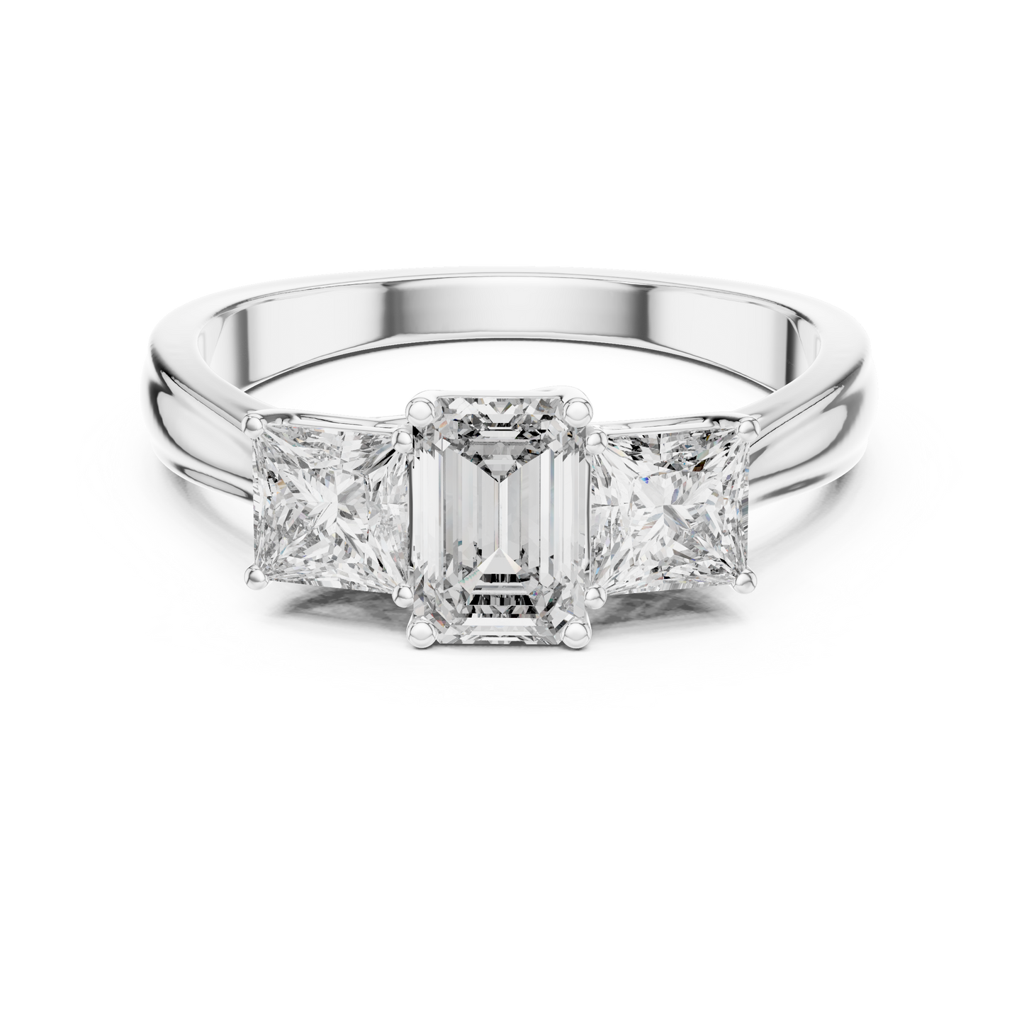 Three Stone Emerald Cut Diamond Ring with Princess Side Stones in 14K Yellow Gold