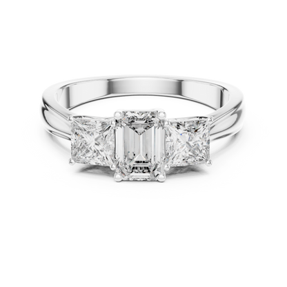 Three Stone Emerald Cut Diamond Ring with Princess Side Stones in 14K Yellow Gold