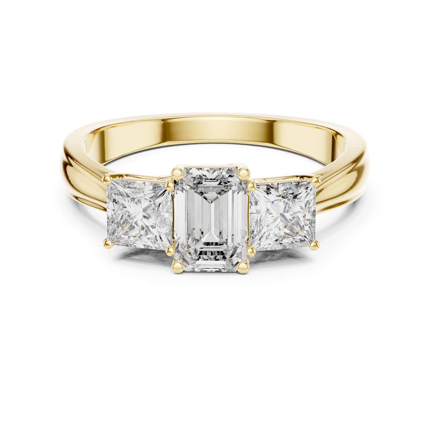 Three Stone Emerald Cut Diamond Ring with Princess Side Stones in 14K Yellow Gold
