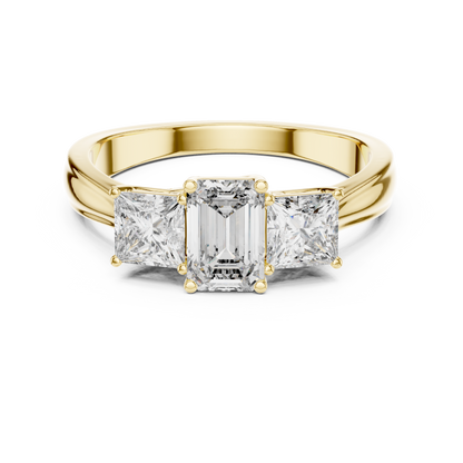 Three Stone Emerald Cut Diamond Ring with Princess Side Stones in 14K Yellow Gold