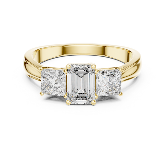 Three Stone Emerald Cut Diamond Ring with Princess Side Stones in 14K Yellow Gold
