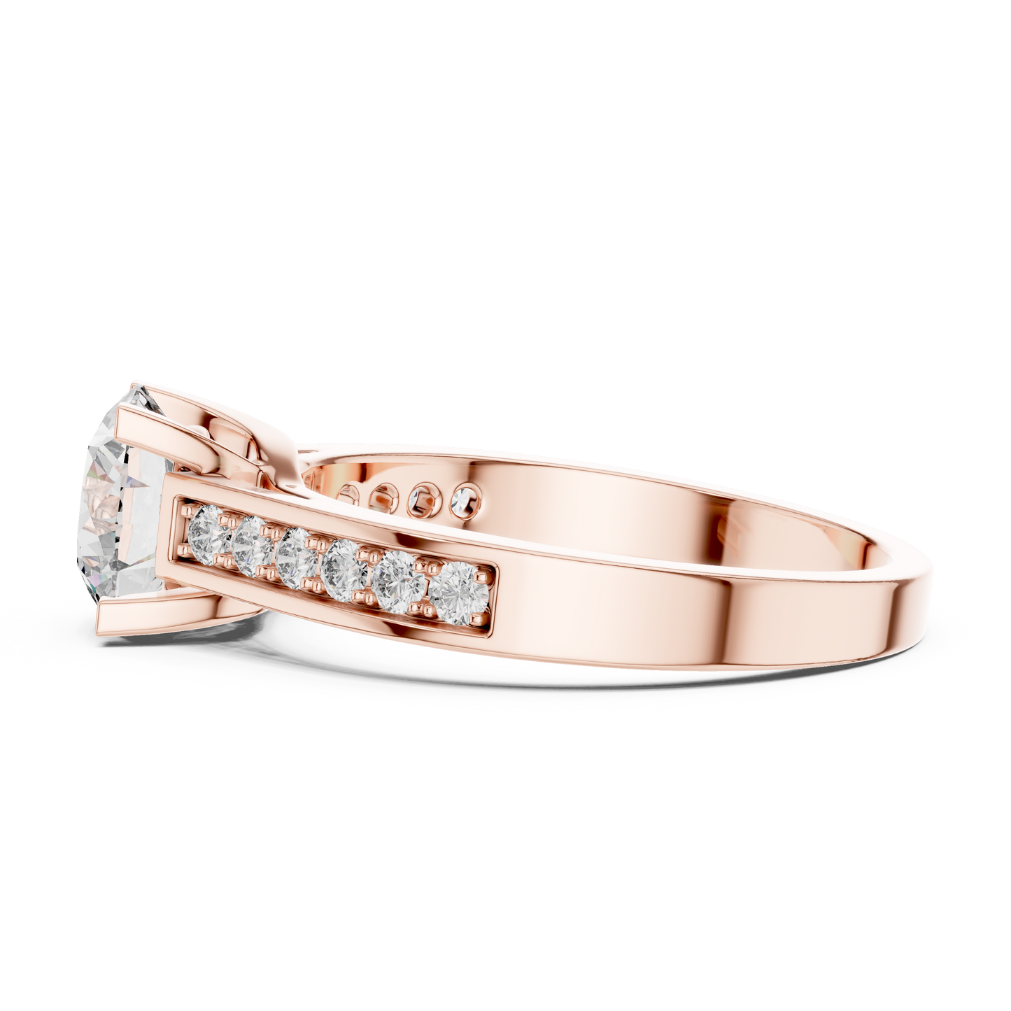 Round Cut Engagement Ring with Channel Set Side Accent Diamonds in Rose Gold