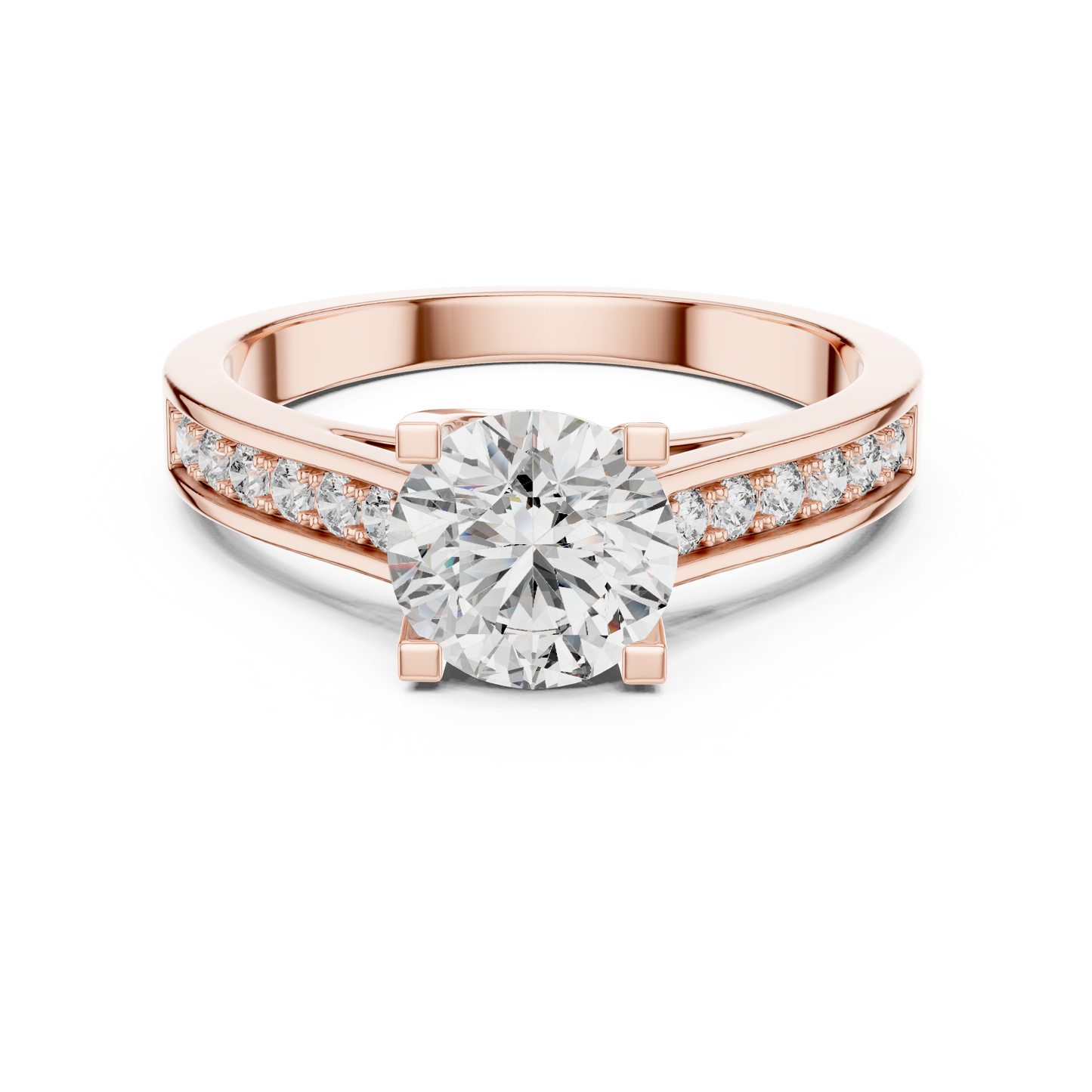 Round Cut Engagement Ring with Channel Set Side Accent Diamonds in Rose Gold