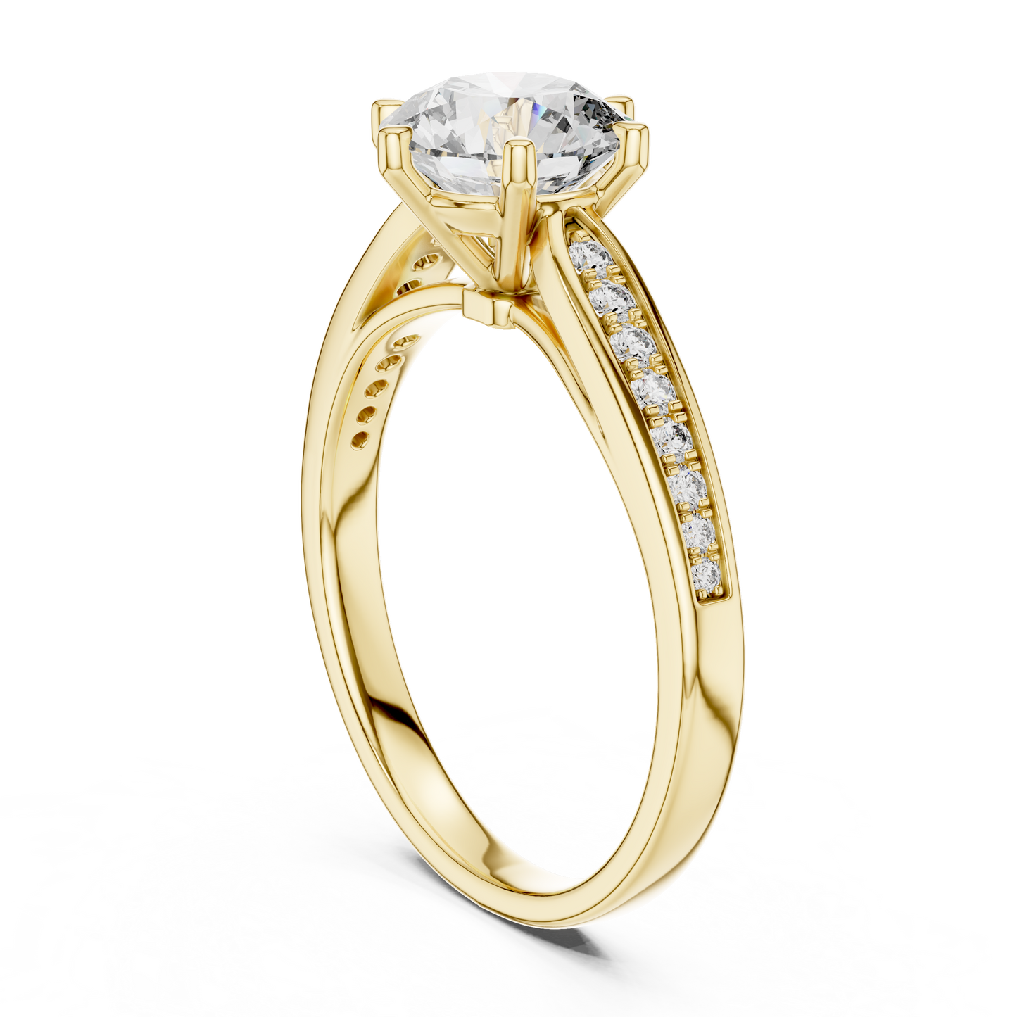 Round Engagement Ring with Side Accent Diamonds in 14K Yellow Gold