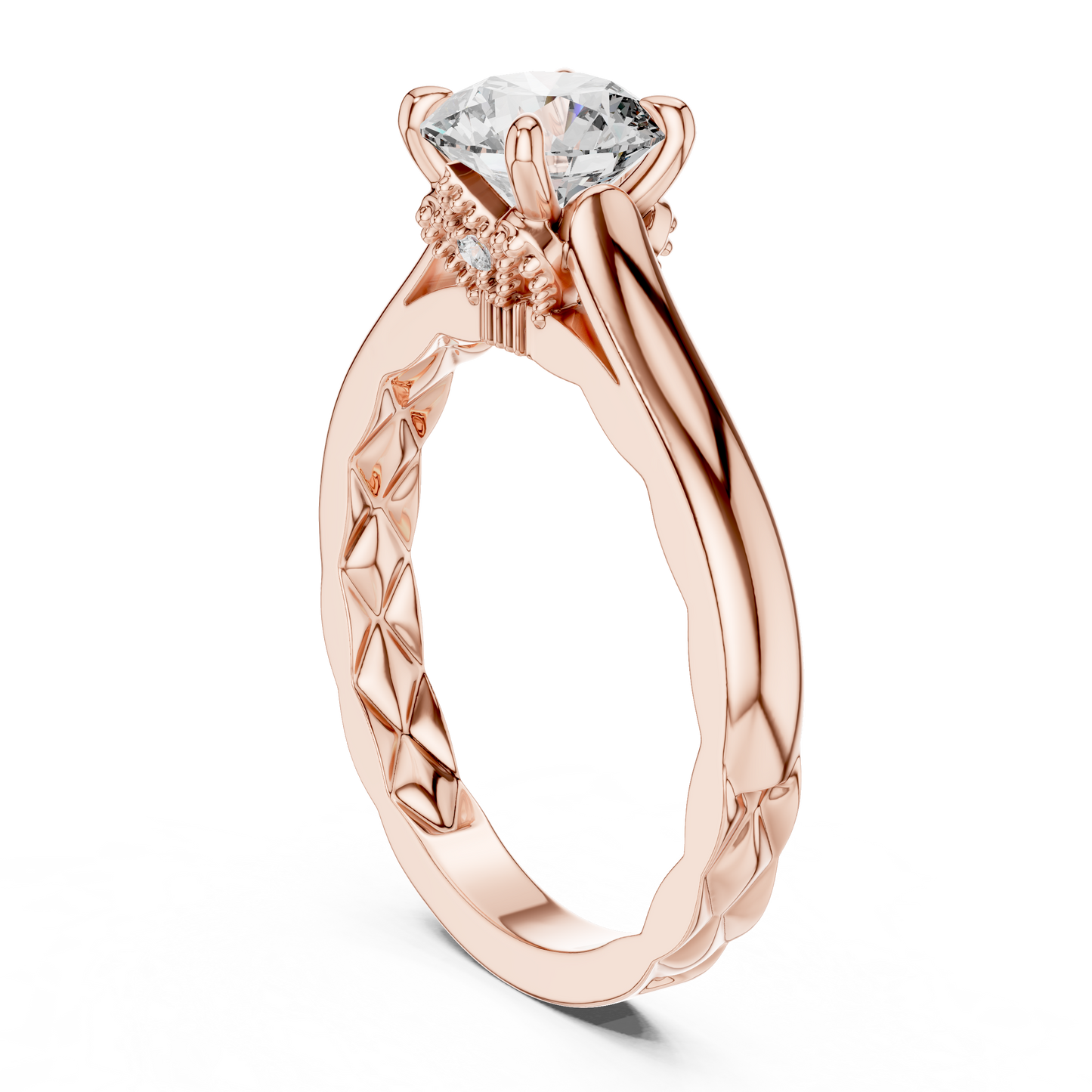 Round Solitaire Lab-Grown Diamond Ring with Textured Rose Gold Band