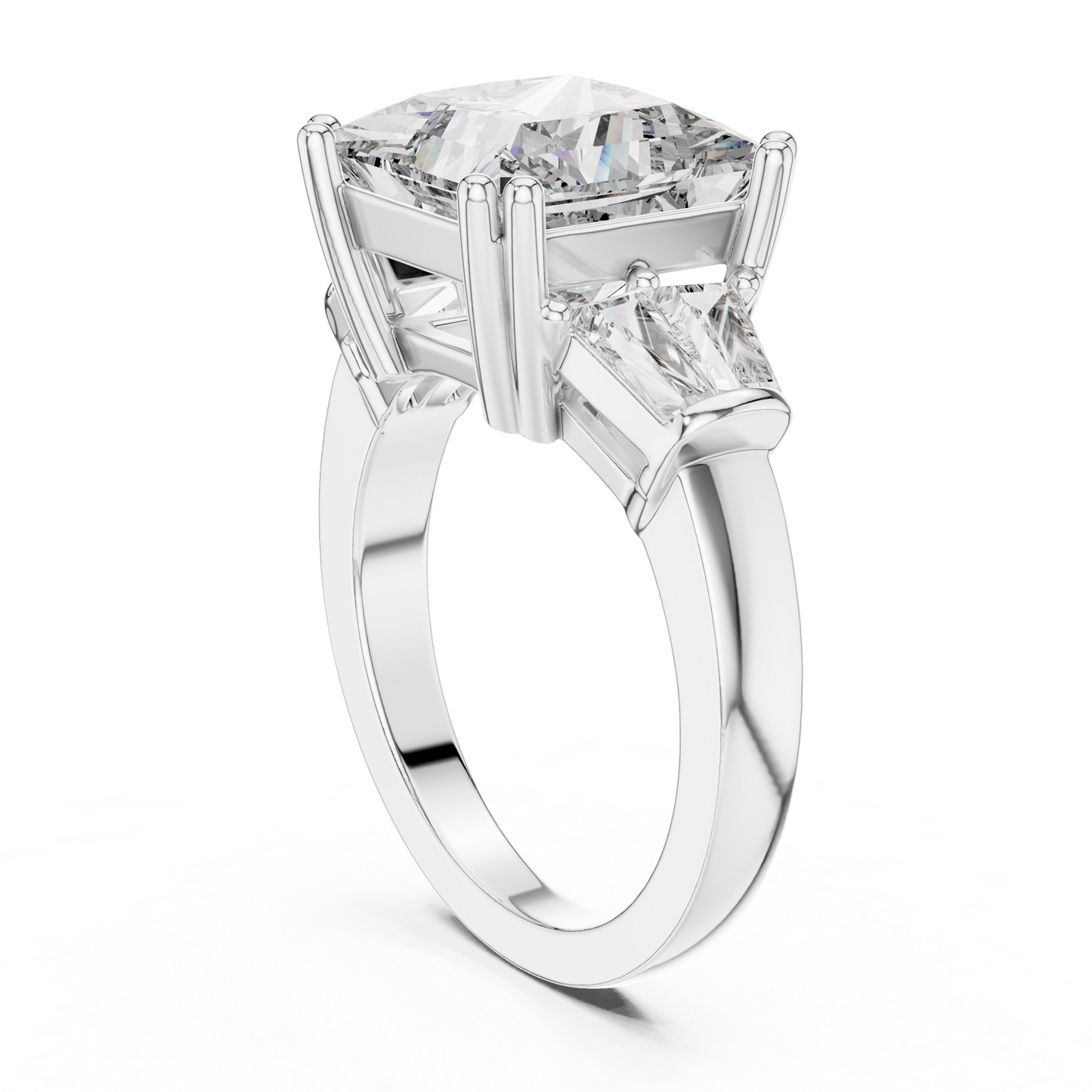Princess Cut Three Stone Lab-Grown Diamond Ring with Trillion Side Stones in White Gold