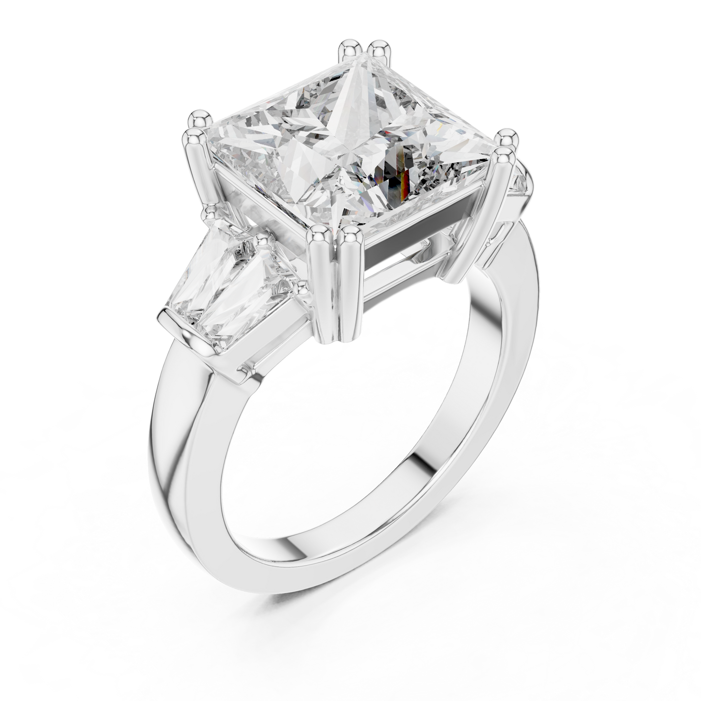Princess Cut Three Stone Lab-Grown Diamond Ring with Trillion Side Stones in White Gold