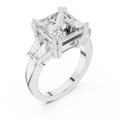 Princess Cut Three Stone Lab-Grown Diamond Ring with Trillion Side Stones in White Gold