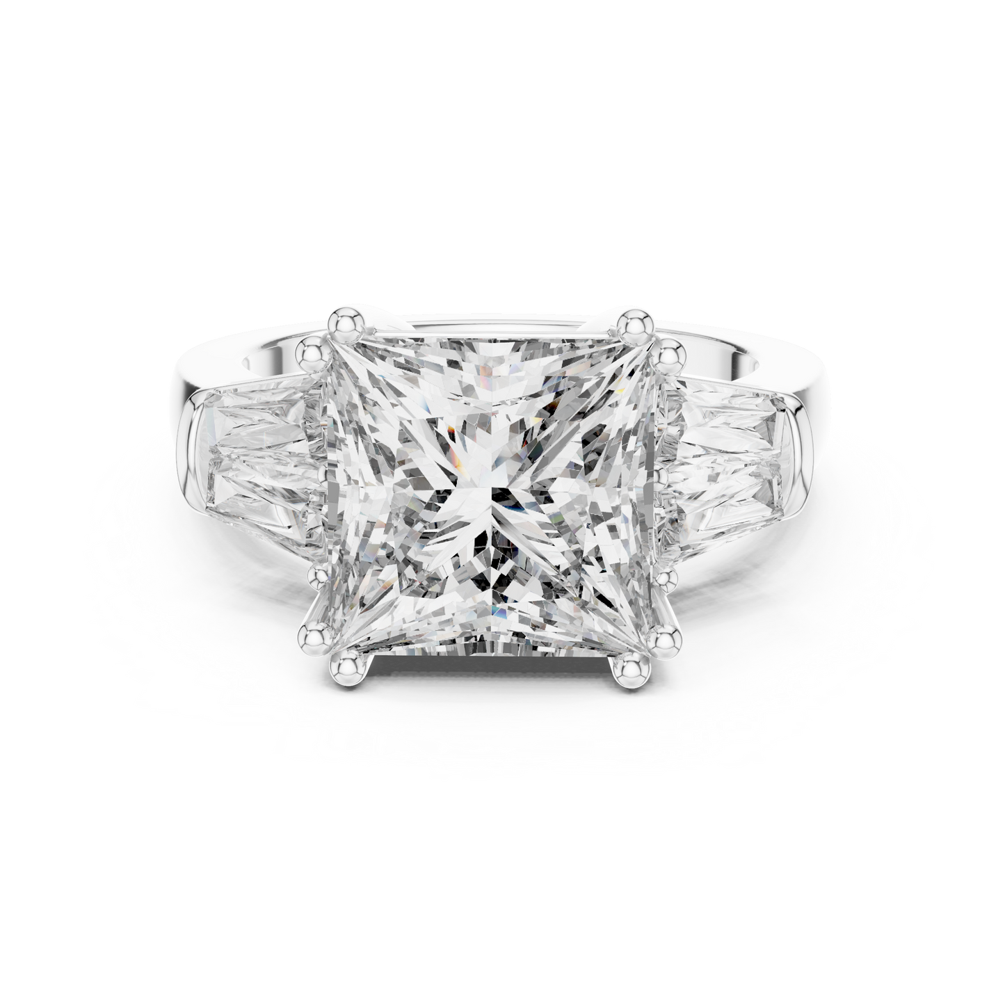 Princess Cut Three Stone Lab-Grown Diamond Ring with Trillion Side Stones in White Gold