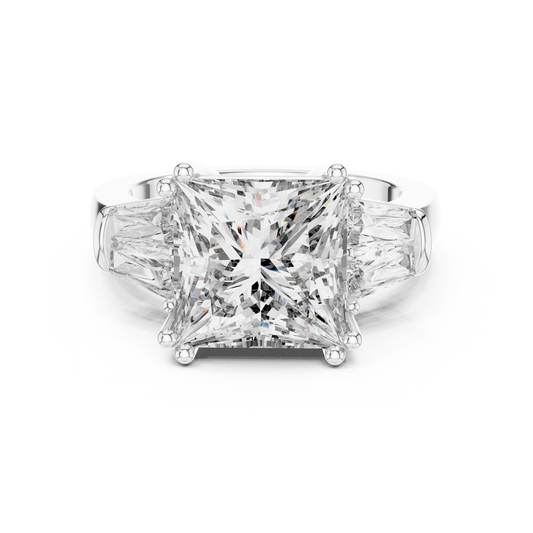 Princess Cut Three Stone Lab-Grown Diamond Ring with Trillion Side Stones in White Gold