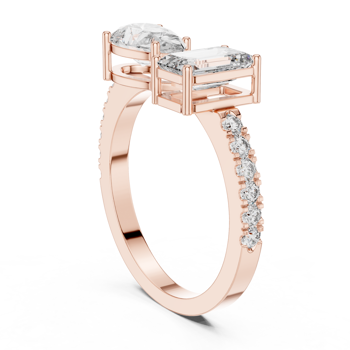 Toi et Moi Rose Gold Open Cuff Ring with Emerald & Pear Diamonds in Rose Gold