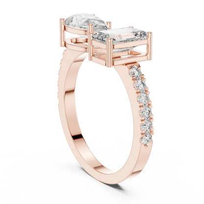 Toi et Moi Rose Gold Open Cuff Ring with Emerald & Pear Diamonds in Rose Gold