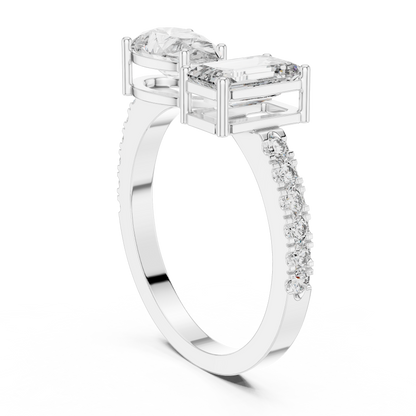 Toi et Moi Rose Gold Open Cuff Ring with Emerald & Pear Diamonds in Rose Gold