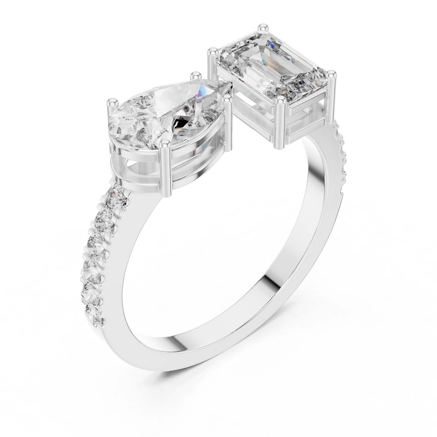 Toi et Moi Rose Gold Open Cuff Ring with Emerald & Pear Diamonds in Rose Gold