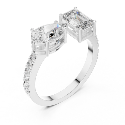 Toi et Moi Rose Gold Open Cuff Ring with Emerald & Pear Diamonds in Rose Gold
