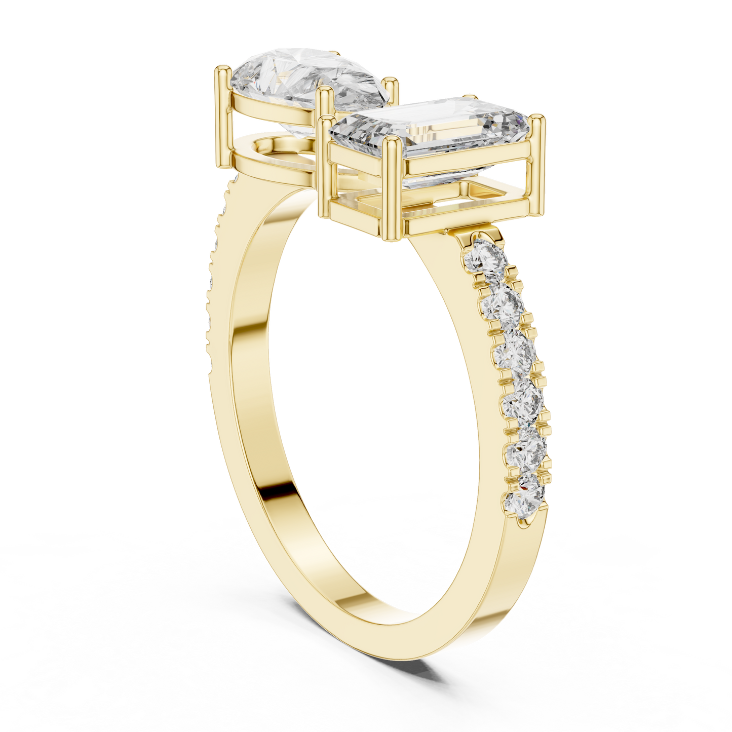 Toi et Moi Rose Gold Open Cuff Ring with Emerald & Pear Diamonds in Rose Gold