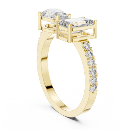 Toi et Moi Rose Gold Open Cuff Ring with Emerald & Pear Diamonds in Rose Gold