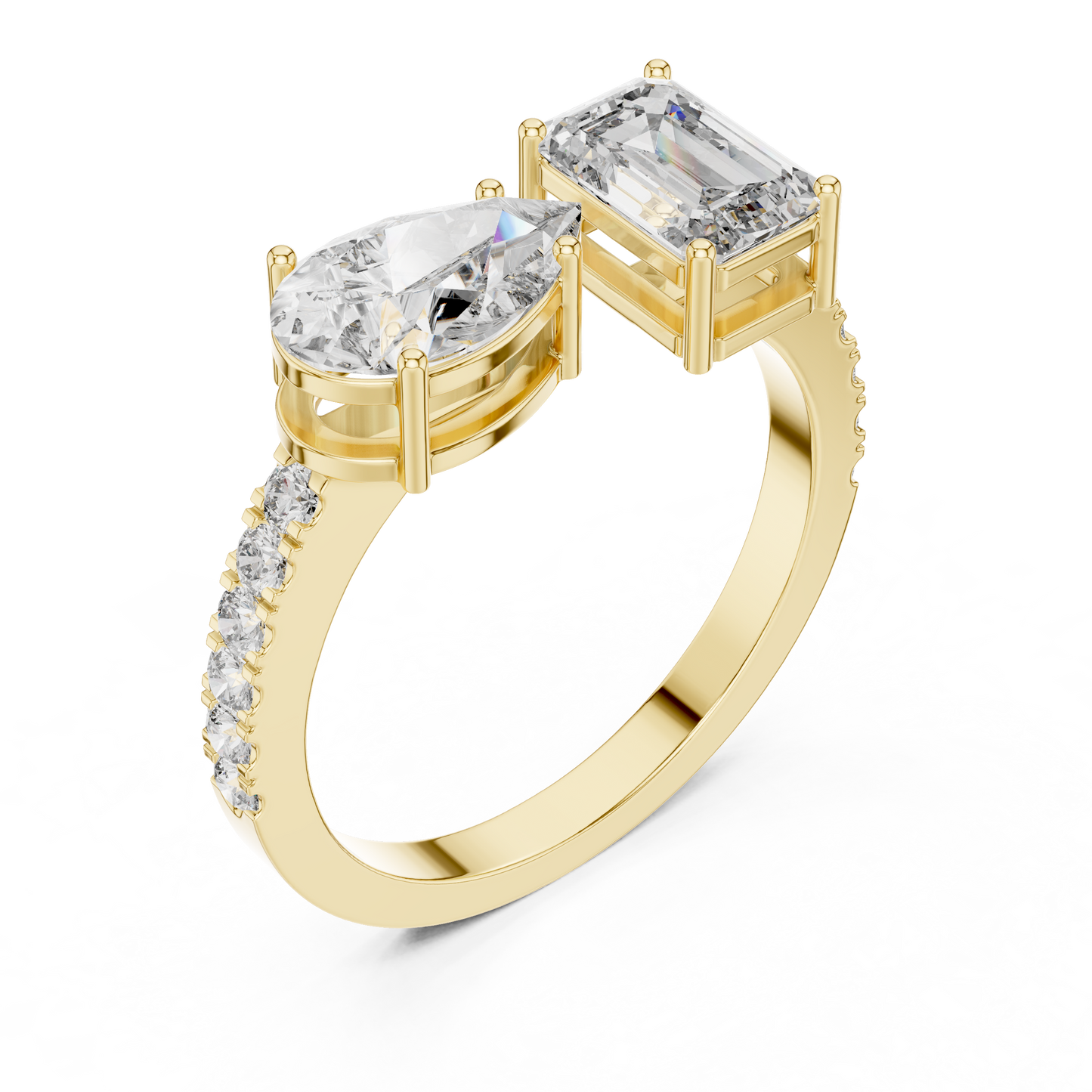 Toi et Moi Rose Gold Open Cuff Ring with Emerald & Pear Diamonds in Rose Gold
