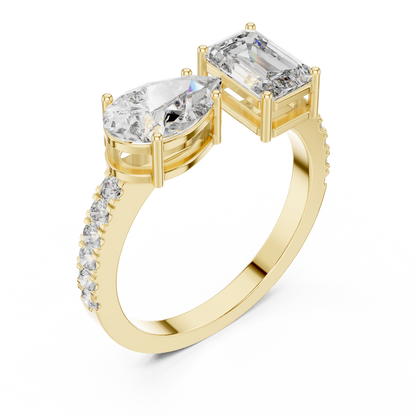 Toi et Moi Rose Gold Open Cuff Ring with Emerald & Pear Diamonds in Rose Gold