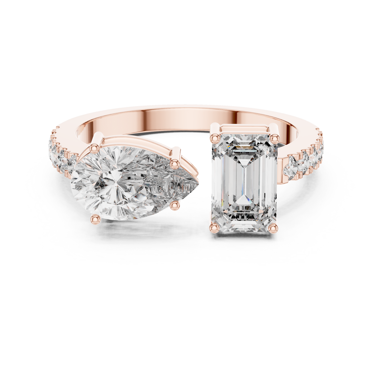 Toi et Moi Rose Gold Open Cuff Ring with Emerald & Pear Diamonds in Rose Gold