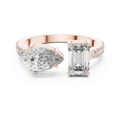 Toi et Moi Rose Gold Open Cuff Ring with Emerald & Pear Diamonds in Rose Gold