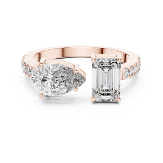 Toi et Moi Rose Gold Open Cuff Ring with Emerald & Pear Diamonds in Rose Gold