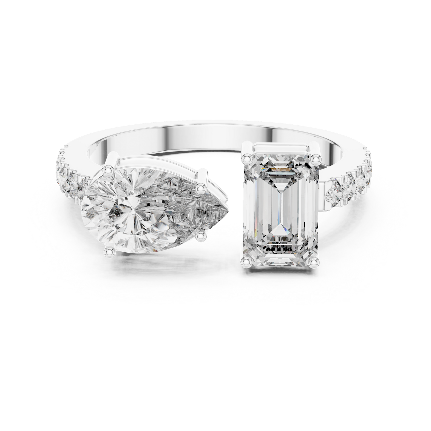 Toi et Moi Rose Gold Open Cuff Ring with Emerald & Pear Diamonds in Rose Gold