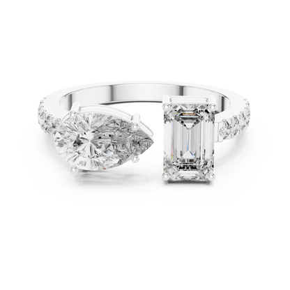 Toi et Moi Rose Gold Open Cuff Ring with Emerald & Pear Diamonds in Rose Gold