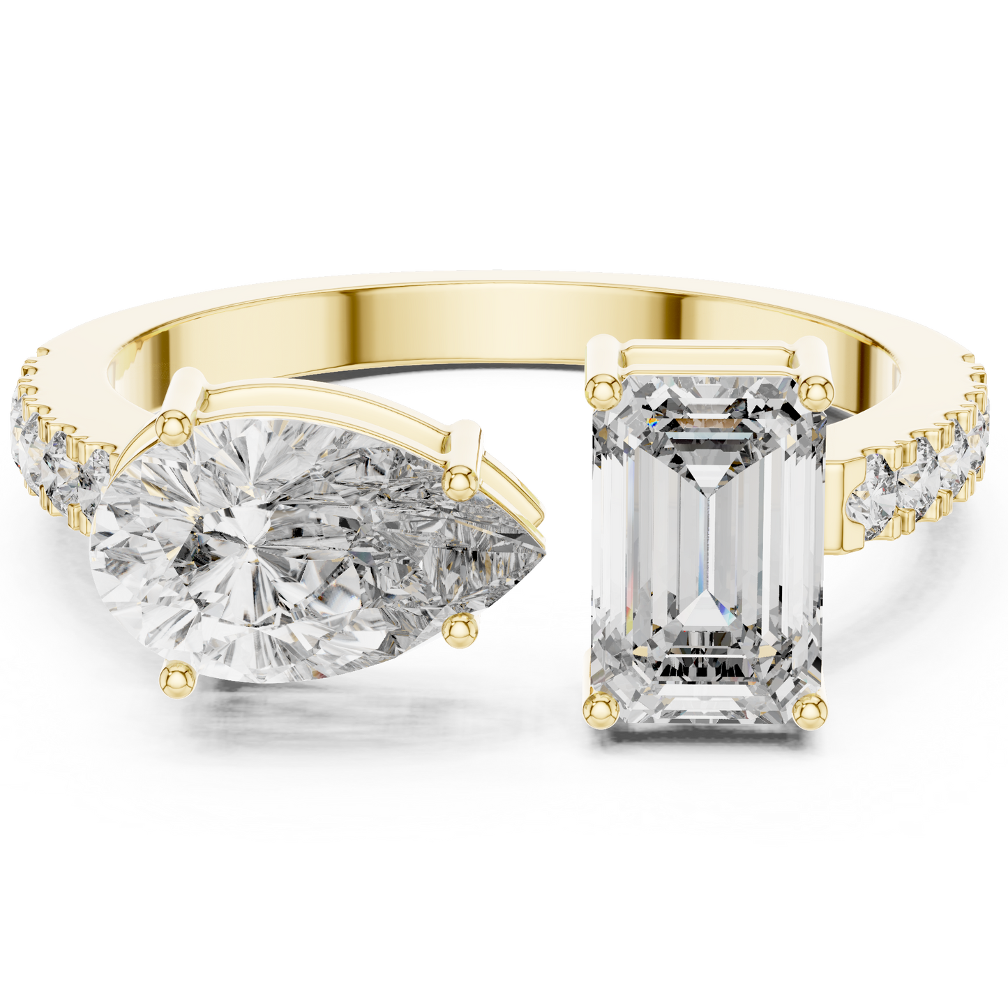 Toi et Moi Rose Gold Open Cuff Ring with Emerald & Pear Diamonds in Rose Gold