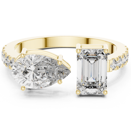 Toi et Moi Rose Gold Open Cuff Ring with Emerald & Pear Diamonds in Rose Gold