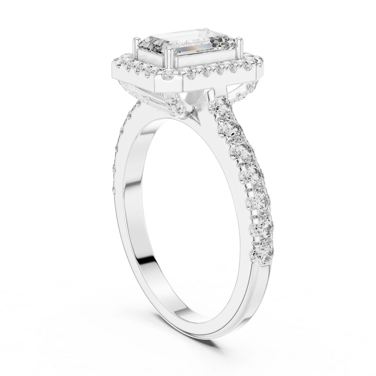 Emerald Cut Hidden Halo Diamond Engagement Ring in 14K White Gold