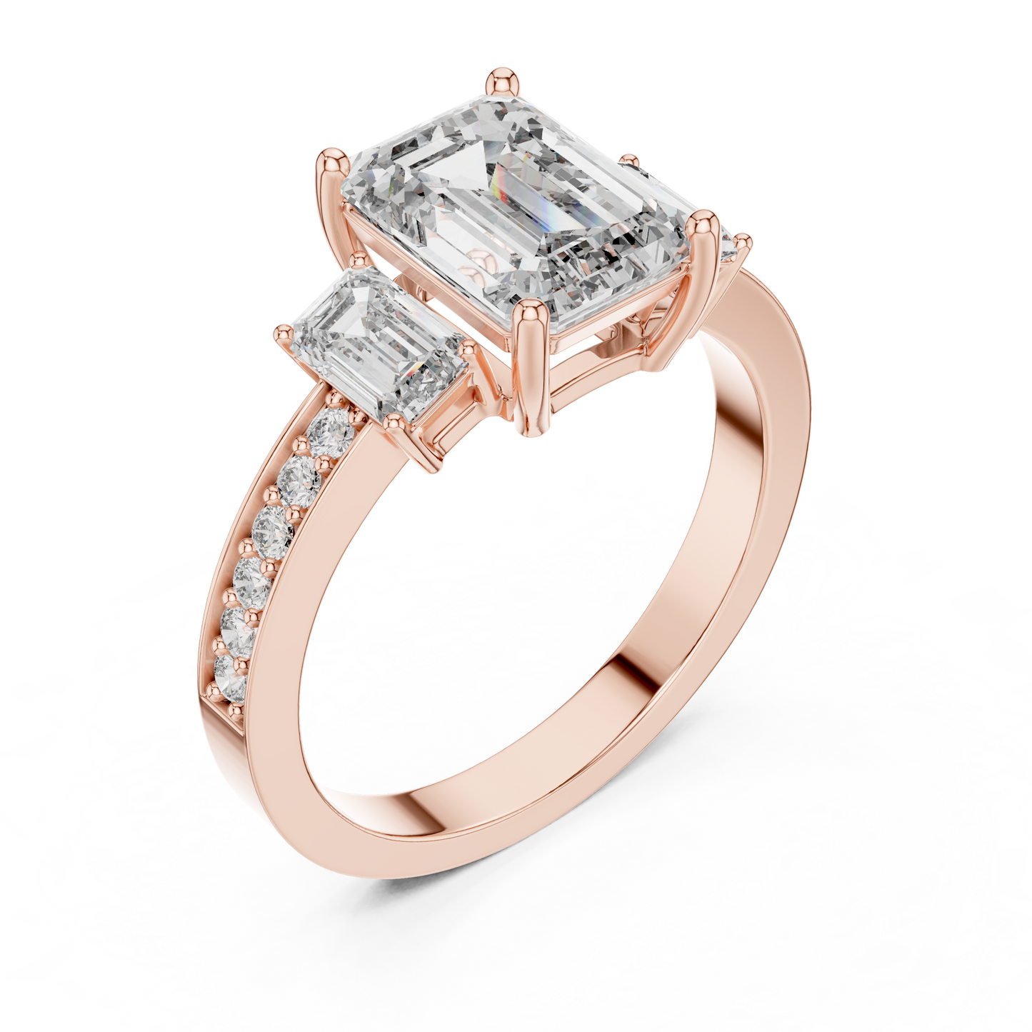 Emerald Cut Three Stone Pave Diamond Ring in 14K Rose Gold