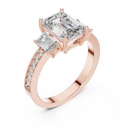 Emerald Cut Three Stone Pave Diamond Ring in 14K Rose Gold