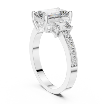 Emerald Cut Three Stone Pave Diamond Ring in 14K Rose Gold