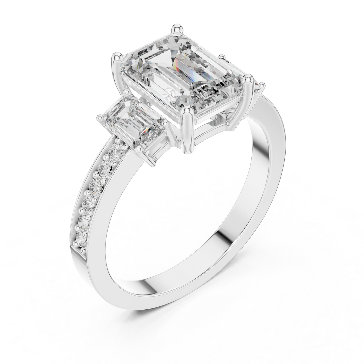 Emerald Cut Three Stone Pave Diamond Ring in 14K Rose Gold