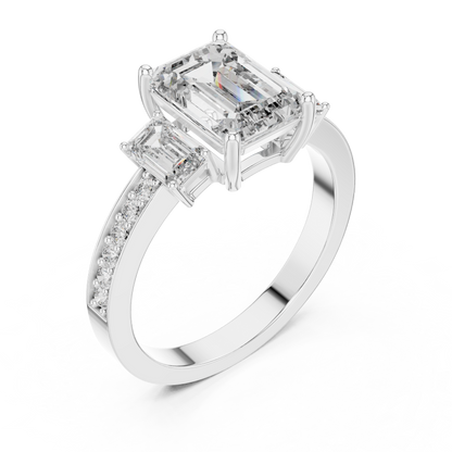 Emerald Cut Three Stone Pave Diamond Ring in 14K Rose Gold