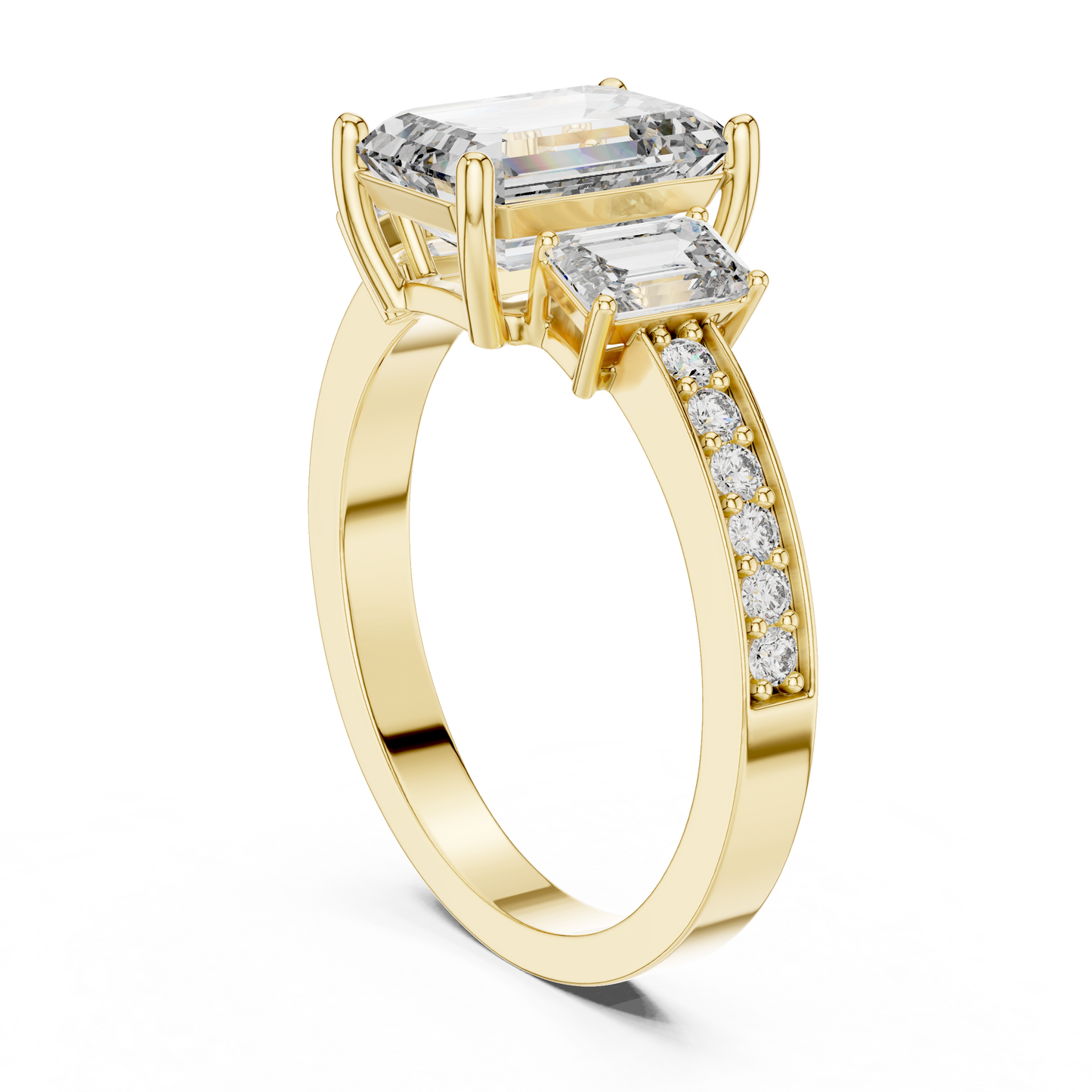 Emerald Cut Three Stone Pave Diamond Ring in 14K Rose Gold