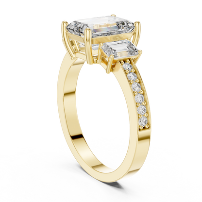 Emerald Cut Three Stone Pave Diamond Ring in 14K Rose Gold
