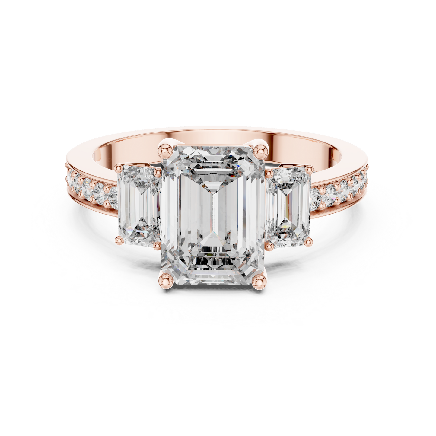 Emerald Cut Three Stone Pave Diamond Ring in 14K Rose Gold