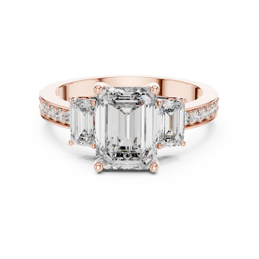 Emerald Cut Three Stone Pave Diamond Ring in 14K Rose Gold