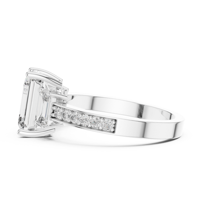 Emerald Cut Three Stone Pave Diamond Ring in 14K Rose Gold