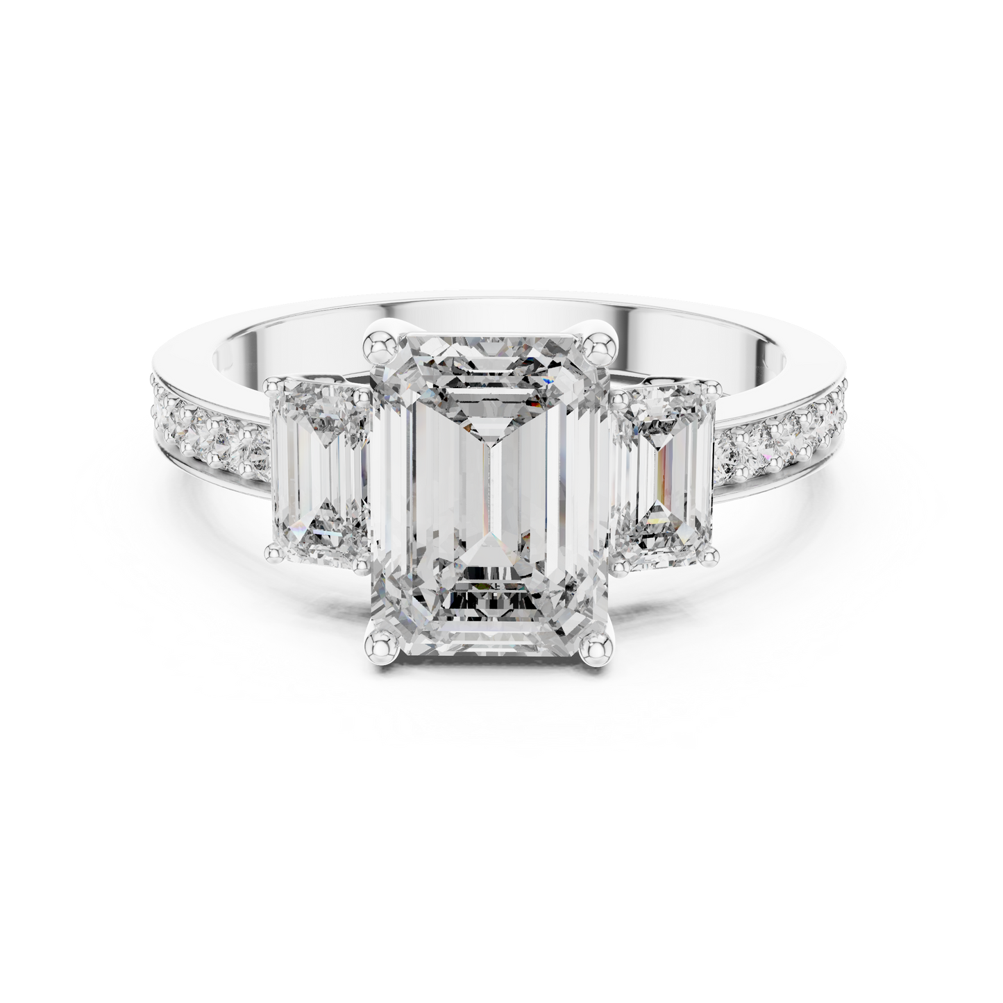 Emerald Cut Three Stone Pave Diamond Ring in 14K Rose Gold