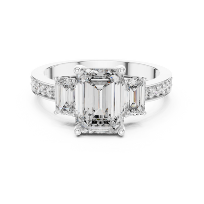 Emerald Cut Three Stone Pave Diamond Ring in 14K Rose Gold