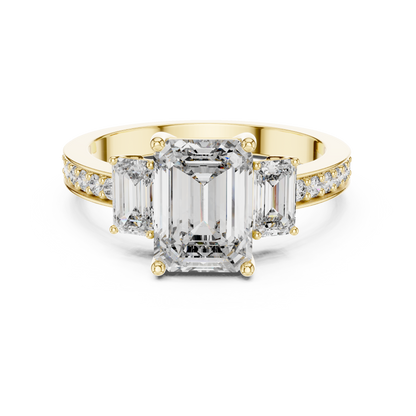 Emerald Cut Three Stone Pave Diamond Ring in 14K Rose Gold