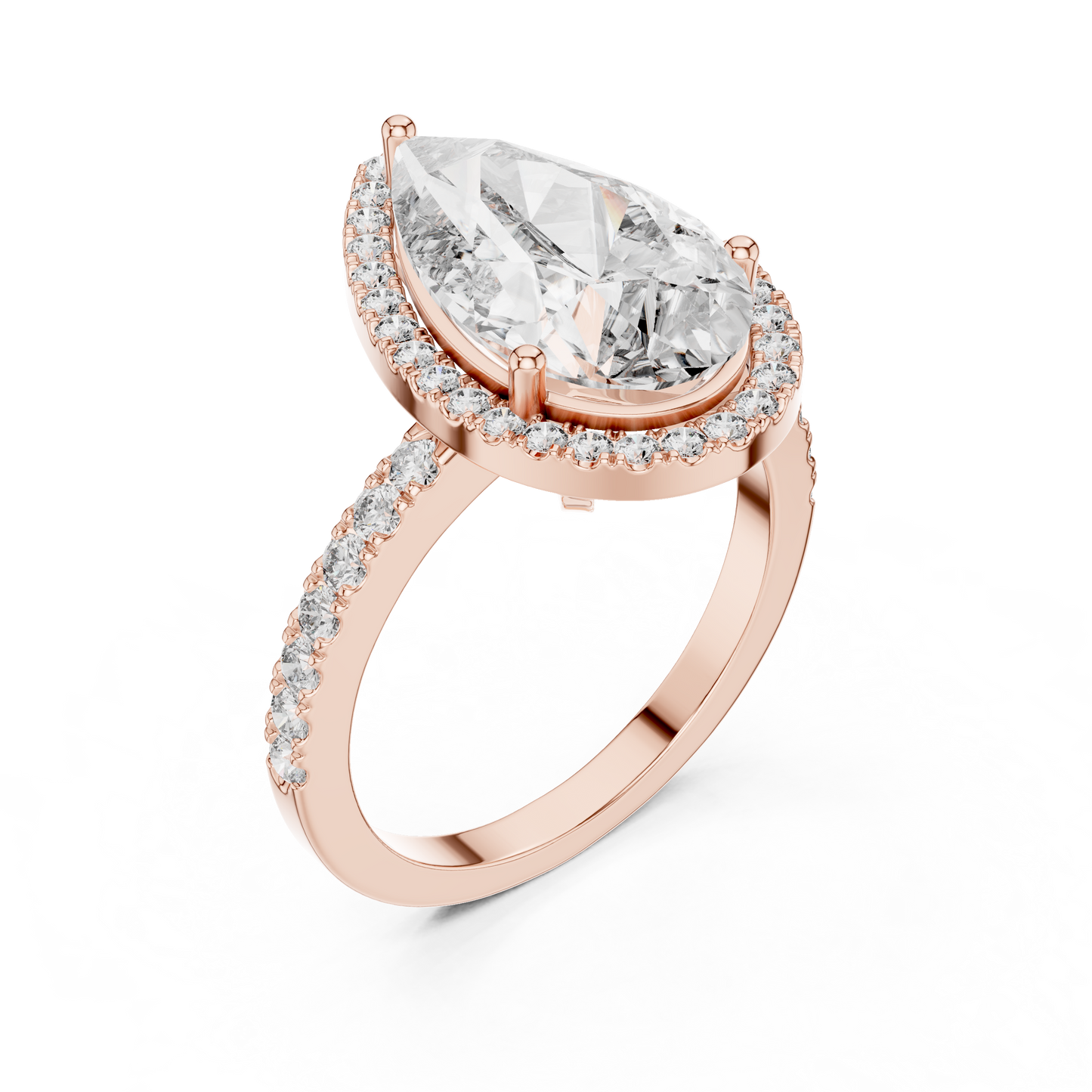 Pear Cut Halo Lab Grown Diamond Engagement Ring with Pavé Band in Yellow Gold