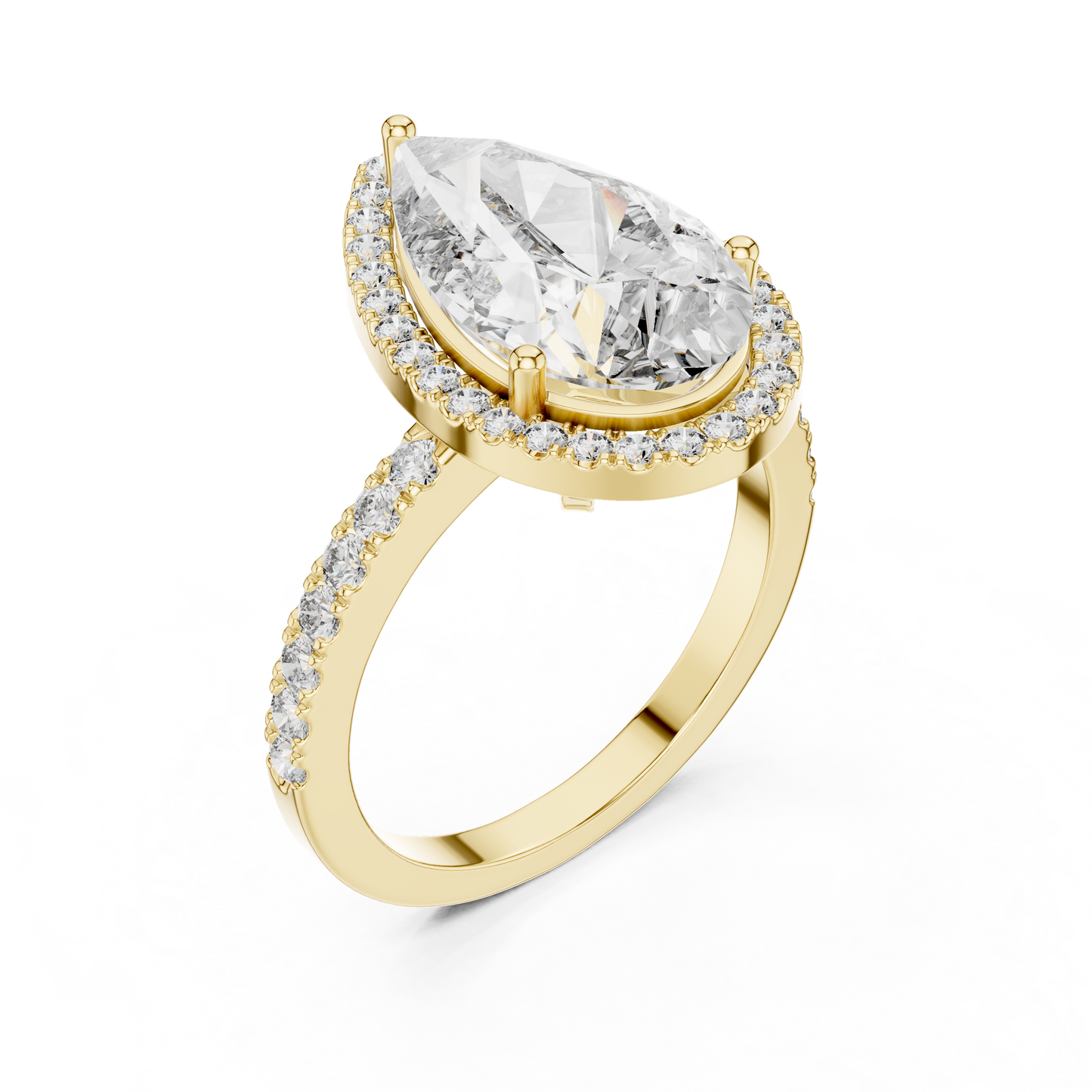 Pear Cut Halo Lab Grown Diamond Engagement Ring with Pavé Band in Yellow Gold