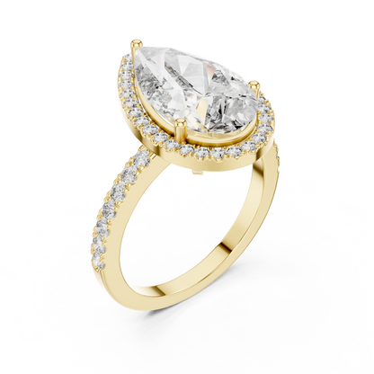 Pear Cut Halo Lab Grown Diamond Engagement Ring with Pavé Band in Yellow Gold