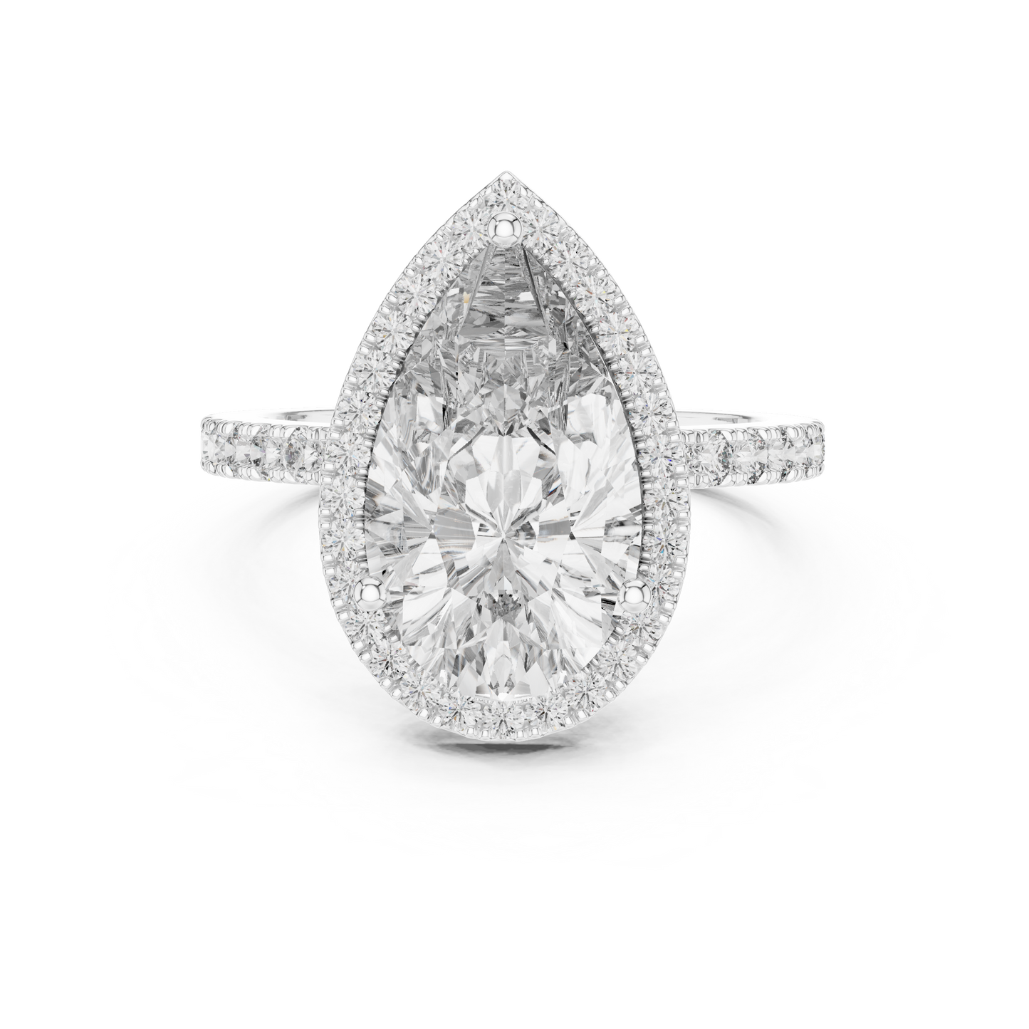 Pear Cut Halo Lab Grown Diamond Engagement Ring with Pavé Band in Yellow Gold